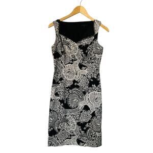 David Meister Black White Paisley Print Sleeveless Sheath Dress Size 2